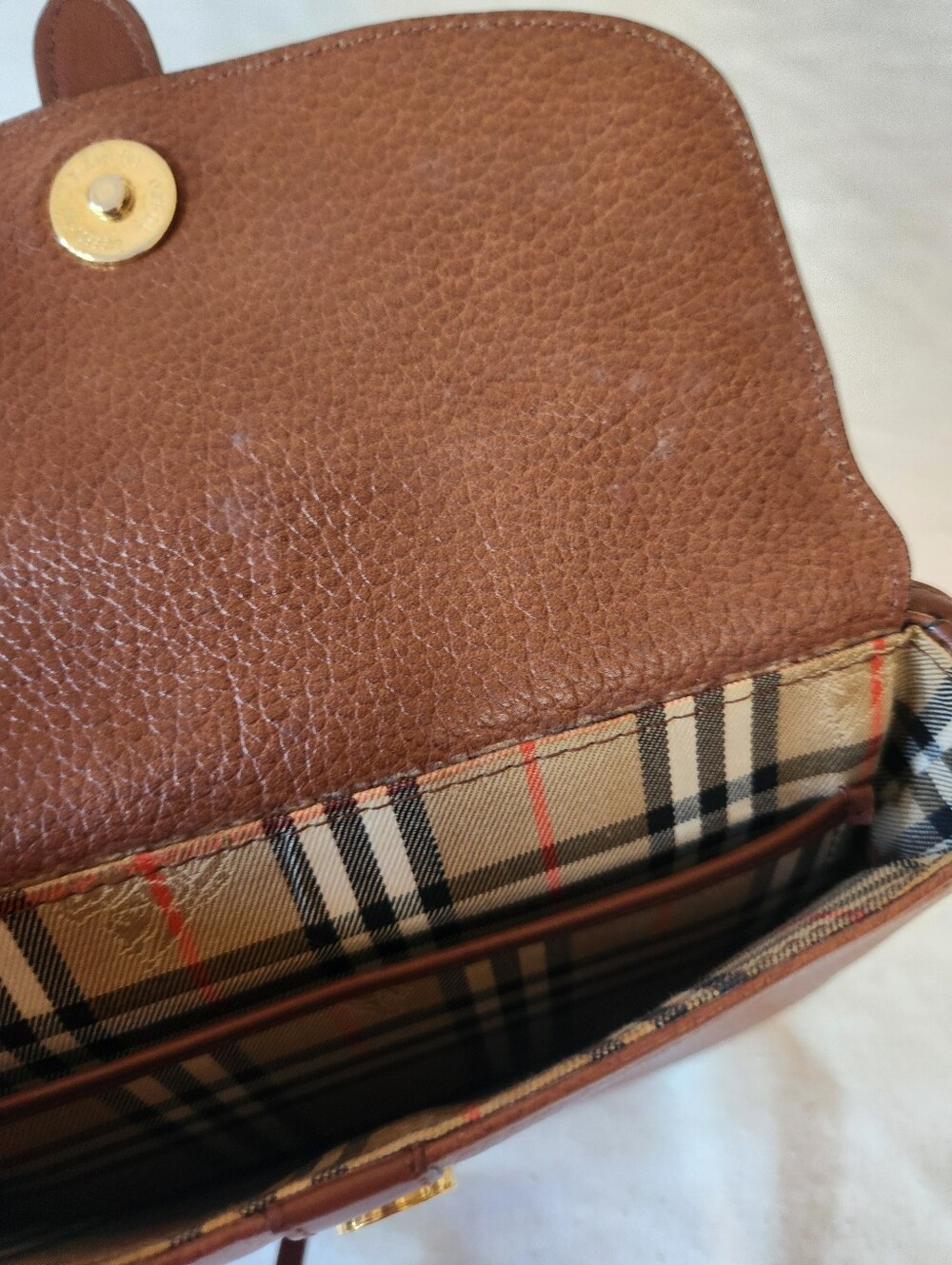 Burberry Brown Pebbled Leather Crossbody Saddle Bag Nova Check Lining - Picture 6 of 6